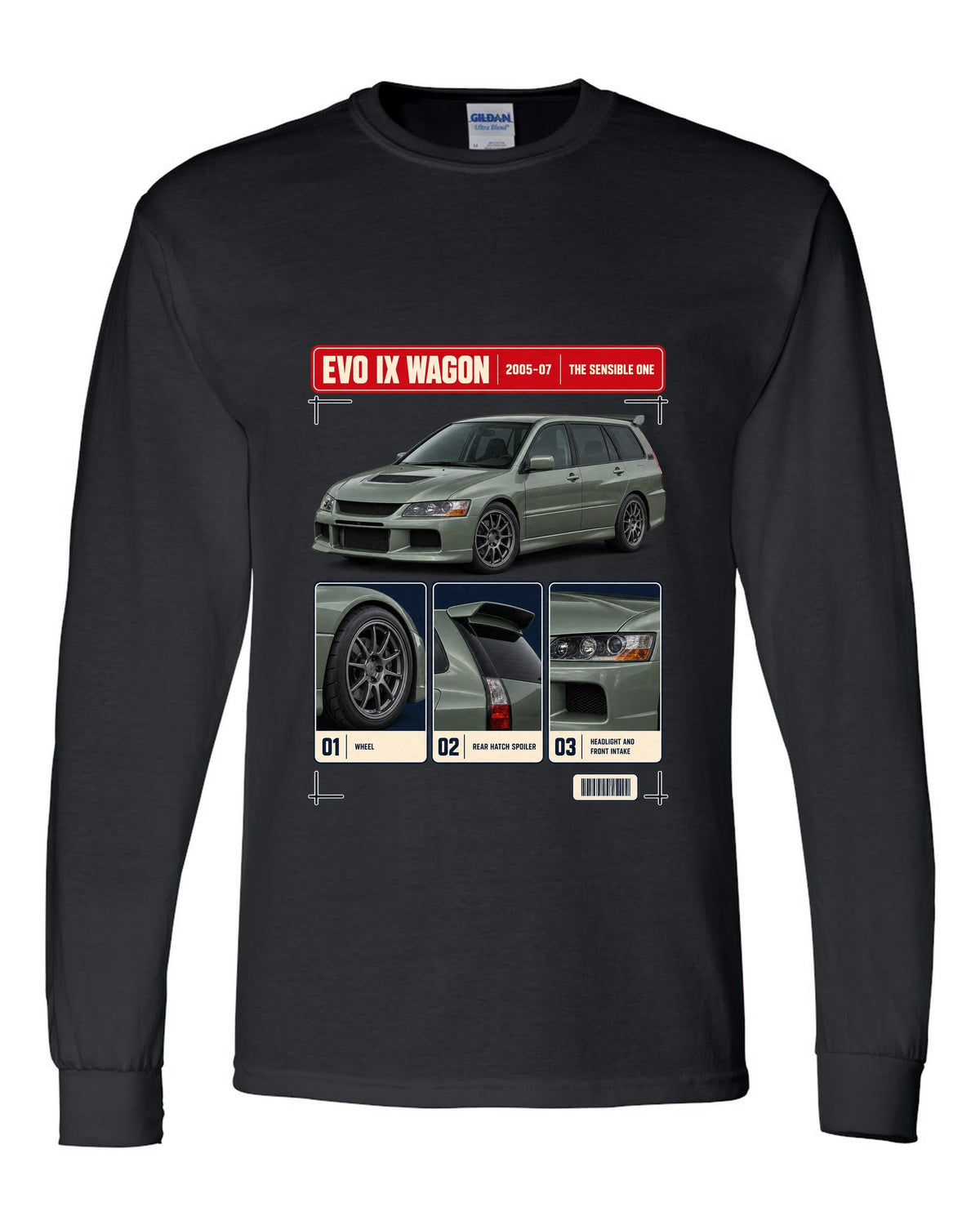 Mitsubishi Lancer Evolution IX Wagon GT three-quarter dossier panel print black long sleeve front view with the design