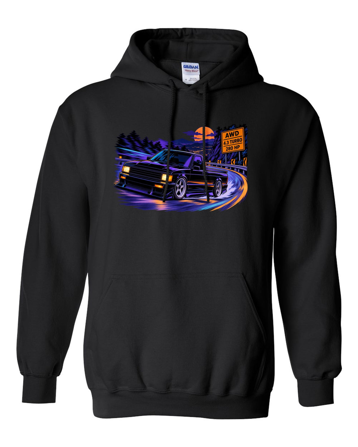 Cel-shaded anime night mountain road print of a 1991 GMC Syclone with AWD 4.3 turbo 280 HP lettering black pull over hoodie front view with the design