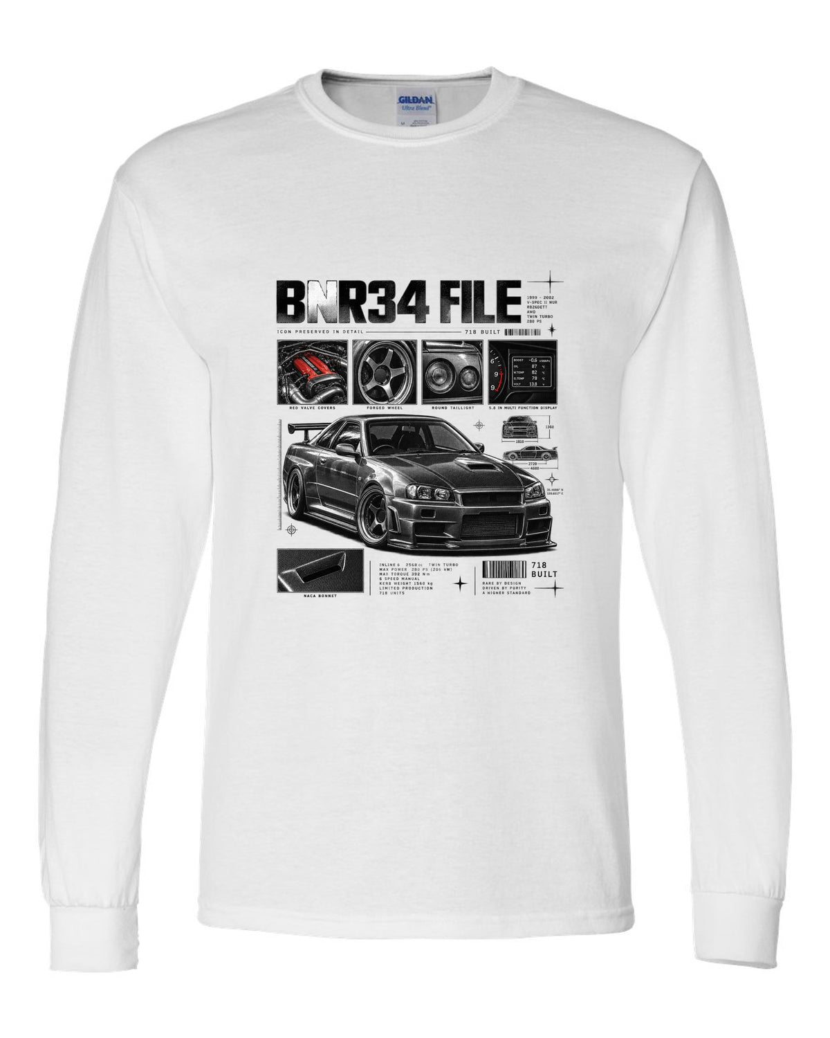 Dossier panel print of a Nissan Skyline GT-R R34 V-Spec II Nur with 718 built text white long sleeve front view with the design