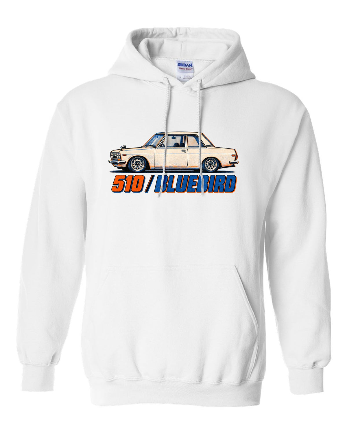 Risograph box print of the Datsun 510 Bluebird with 510 Bluebird lettering white pull over hoodie front view with the design