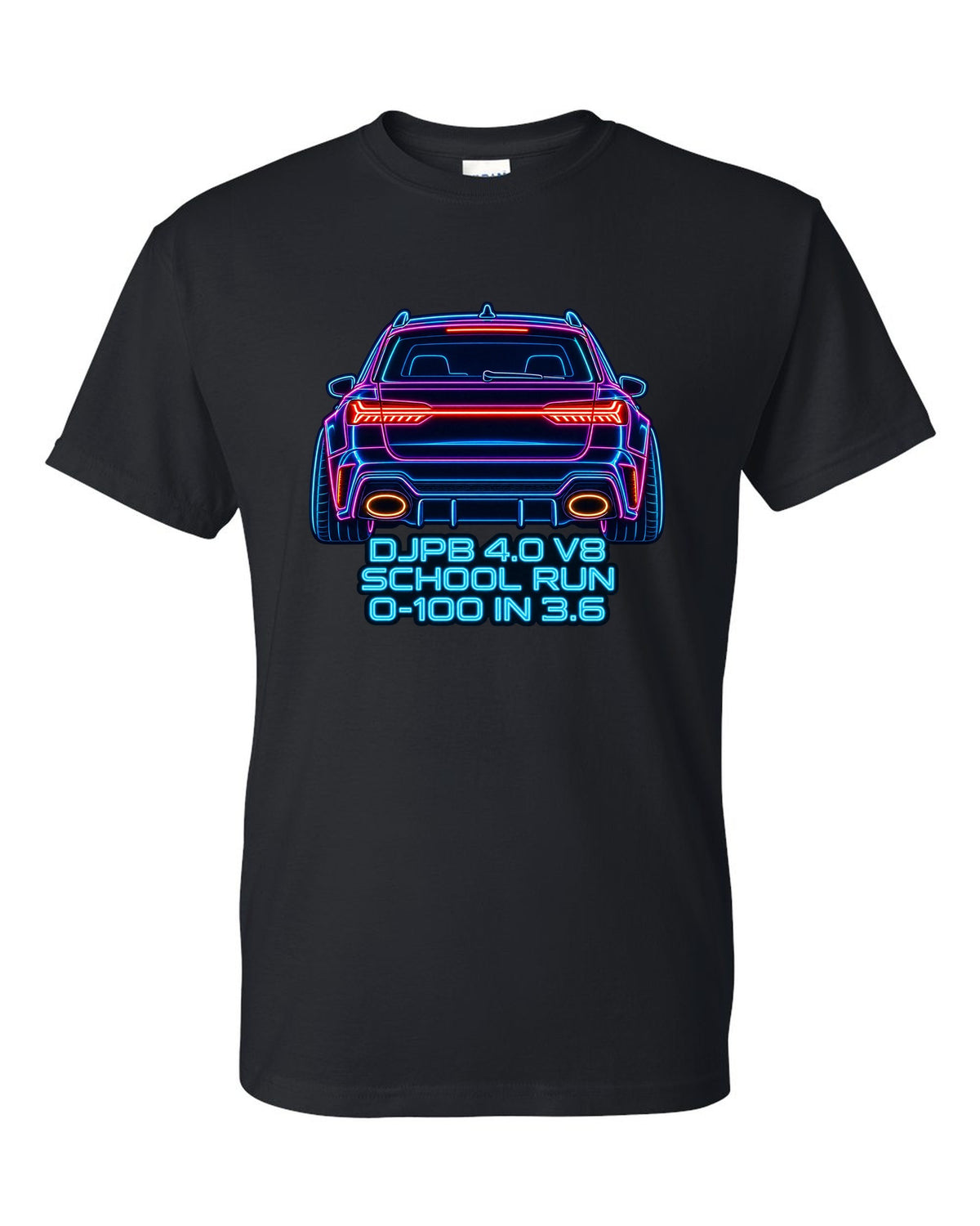 Neon sign line art design of the Audi RS6 Avant C8 with school run and 0-100 in 3.6 lettering black t-shirt front view with the design