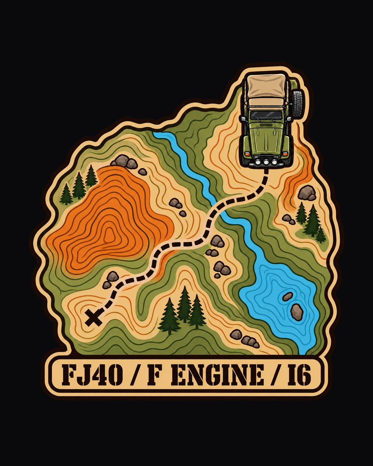 Land Cruiser FJ40 Topographic Route Map Tee, F Engine I6 design only