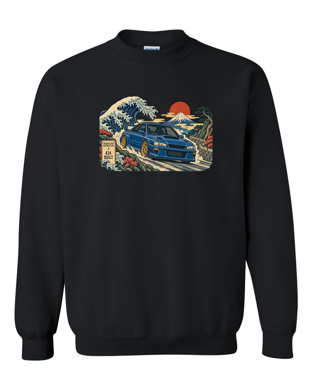 Ukiyo-e woodblock style Subaru Impreza 22B STI in front of a wave black crewneck front view with the design