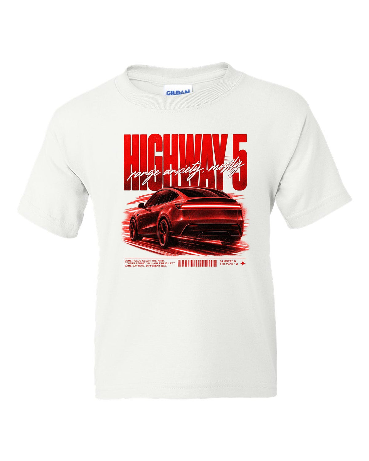 Tesla Model Y Juniper rear three-quarter in motion street poster reading Highway 5 white kids tee front view with the design