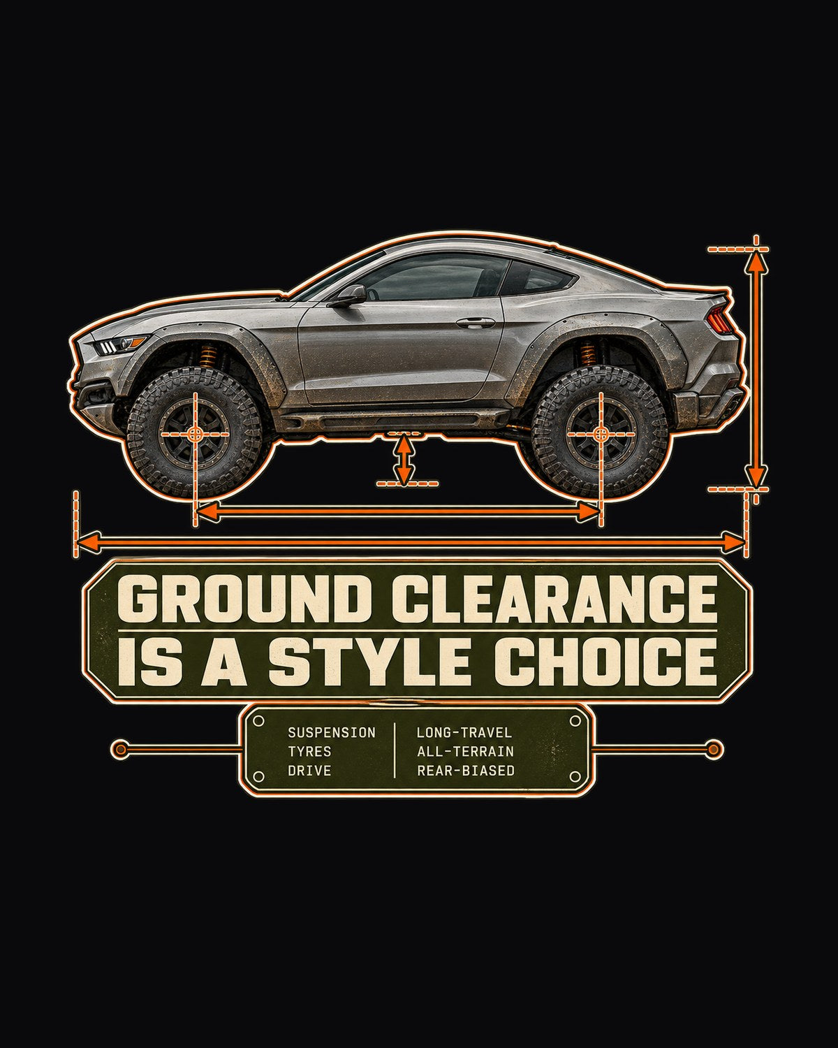 Mustang Raptor Concept Blueprint Shirt, Ground Clearance Joke design only