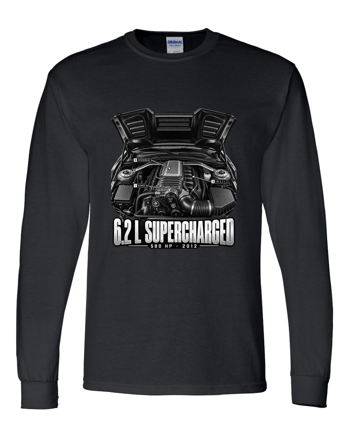 Engine hero print of a supercharged 6.2 L LSA in a 2013 Chevrolet Camaro ZL1 with numbered callouts black long sleeve front view with the design