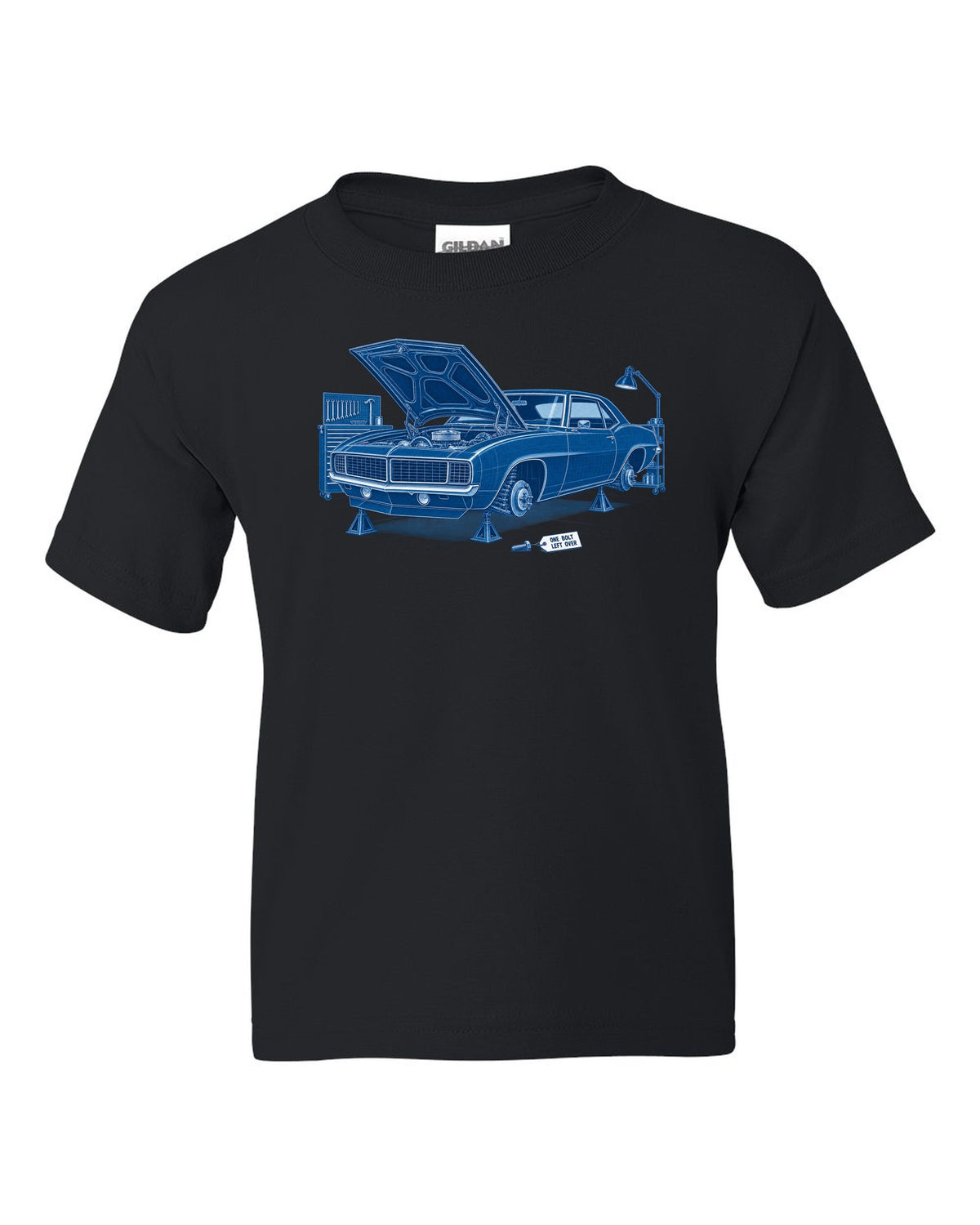 1969 Camaro first-generation in cyanotype negative blueprint style with the text One Bolt Left Over black kids tee front view with the design