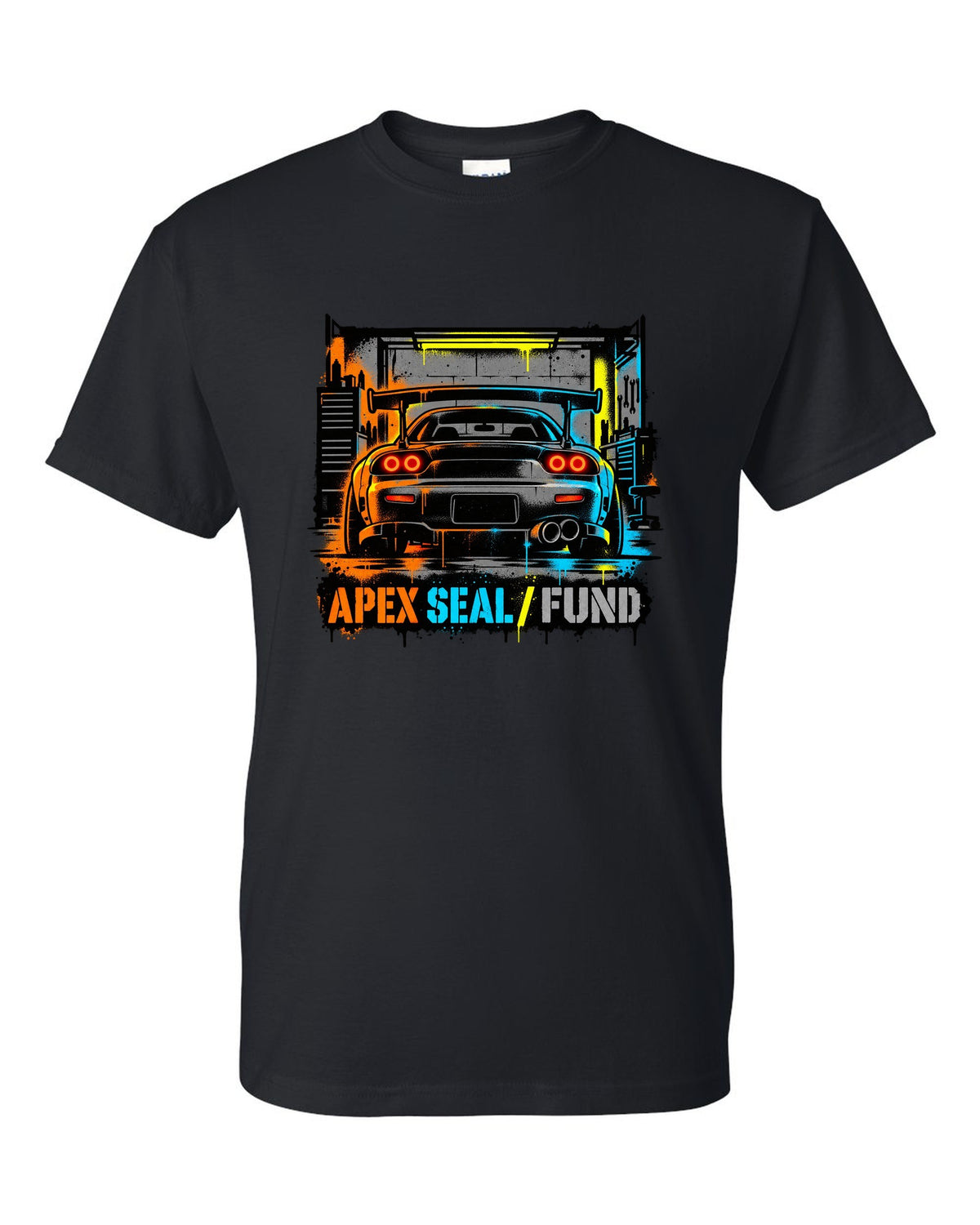 Stencil spray street art print of a Mazda RX-7 FD3S with the text Apex Seal Fund black t-shirt front view with the design
