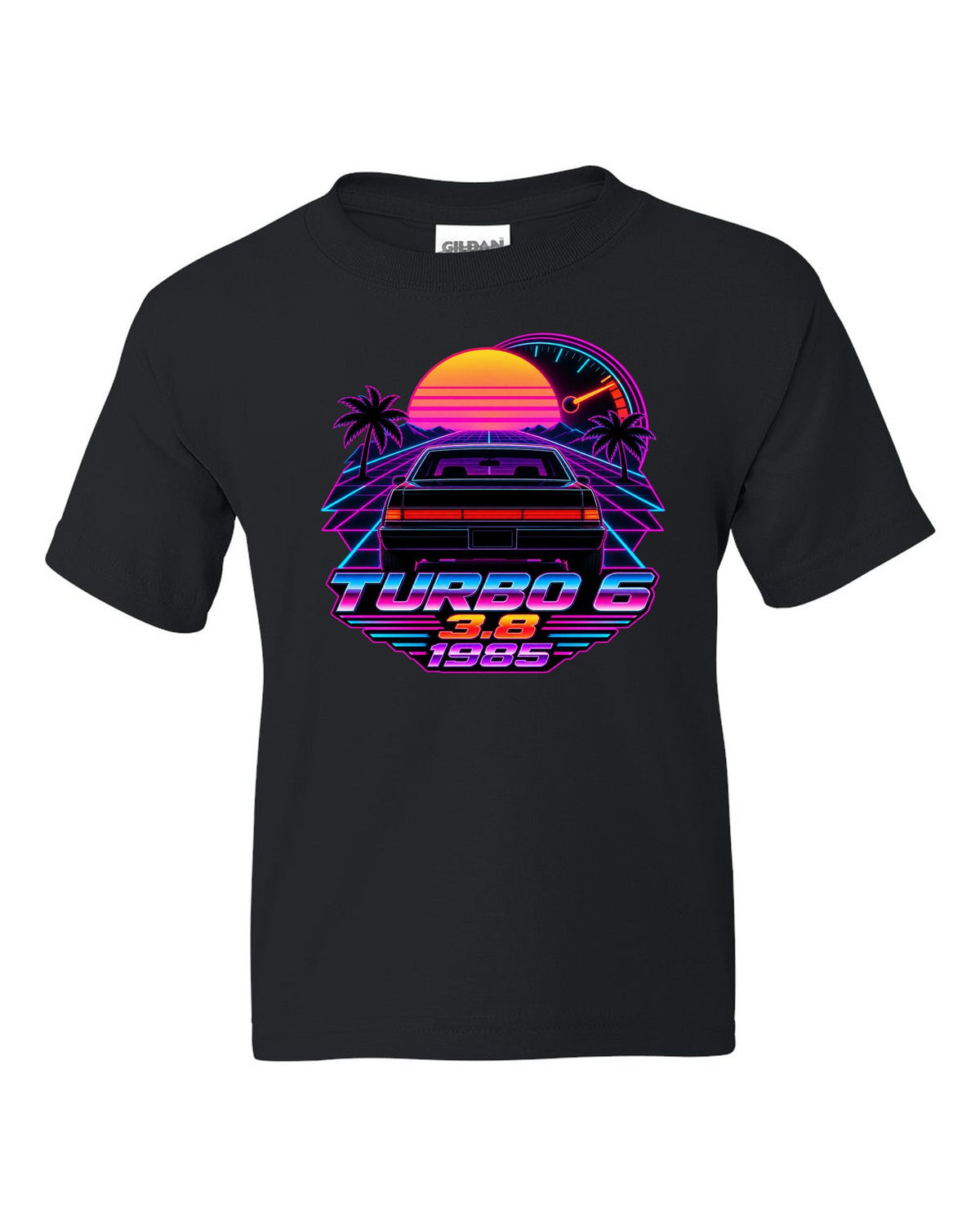 1985 Buick Regal T-Type rear taillights in a synthwave outrun sunset black kids tee front view with the design