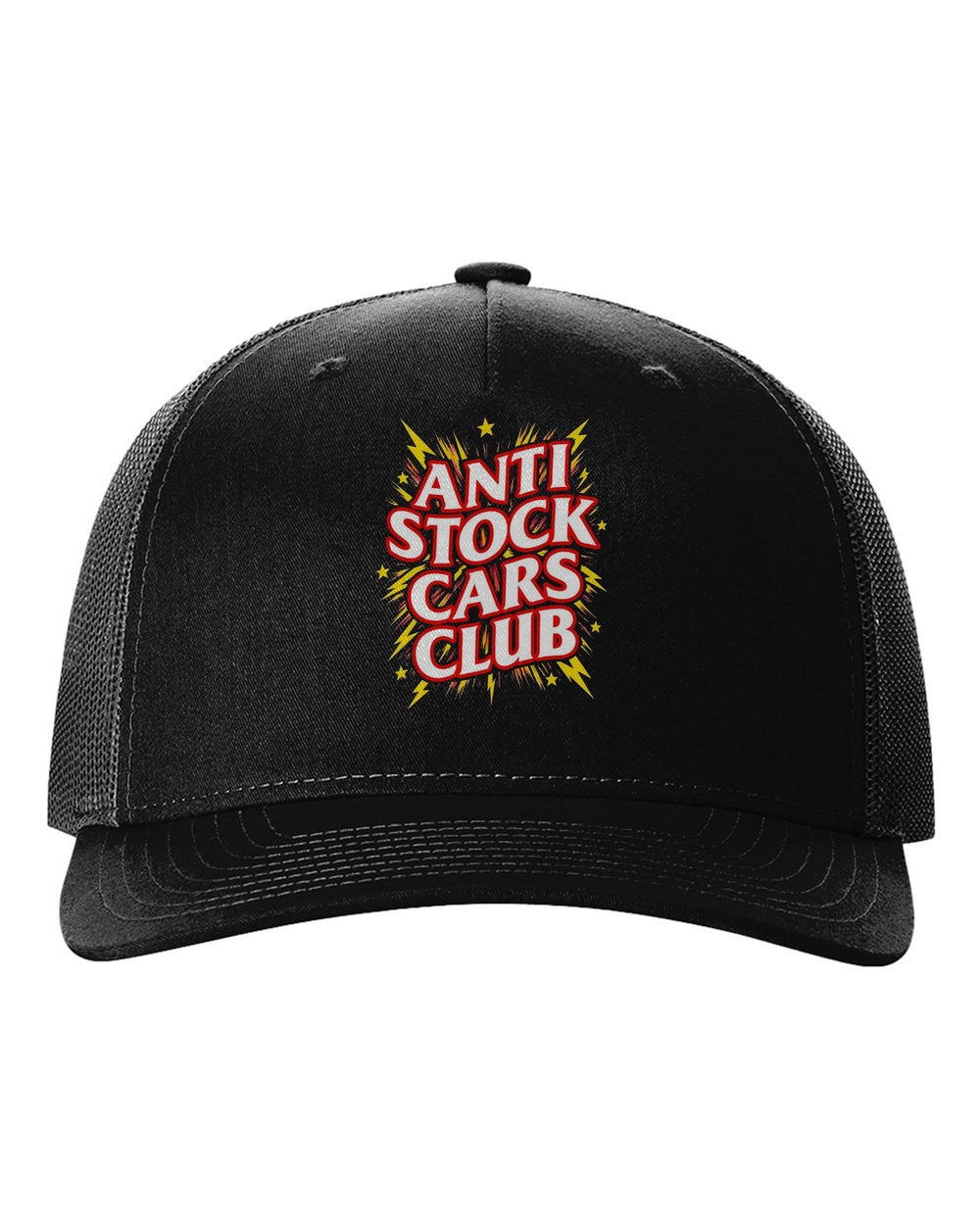 Anti Stock Cars Club Anime Title Card Shirt, Hoodie & More black hat front view with car name
