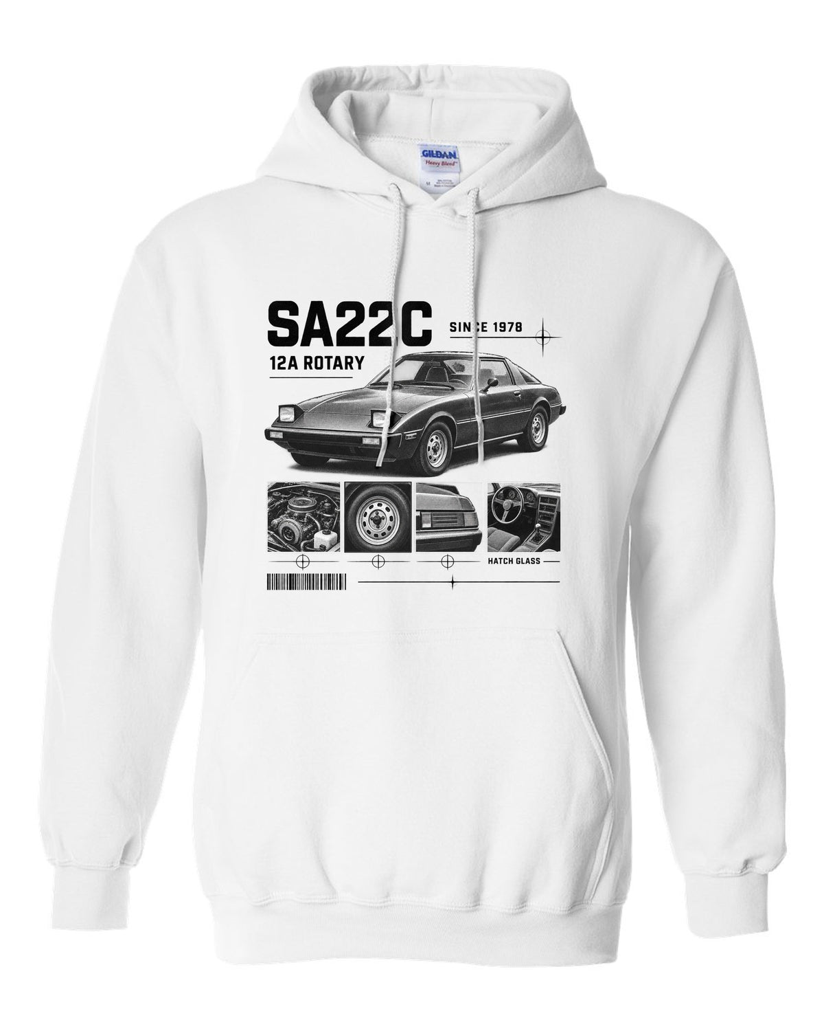 Dossier panel print of a Mazda RX-7 SA22C with 12A rotary lettering white pull over hoodie front view with the design