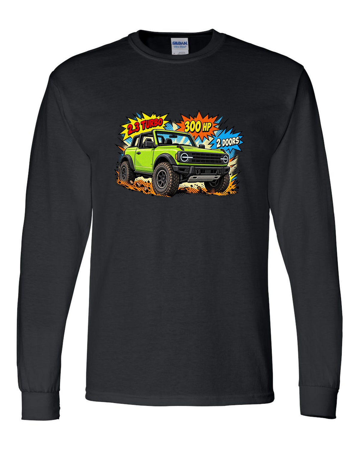 Comic halftone pop-art of a 2021 Ford Bronco 2-door with round headlights and 2.3 TURBO 300 HP lettering black long sleeve front view with the design