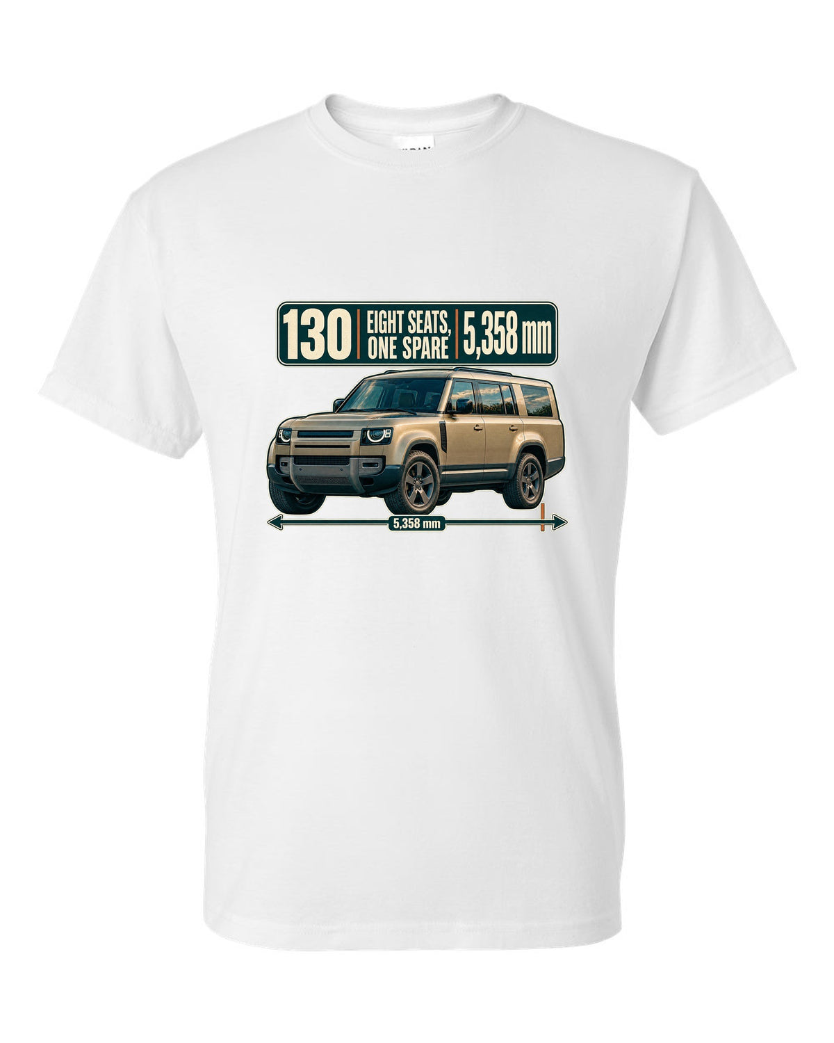 Editorial headline print for the Land Rover Defender 130 L663 with eight seats and length white t-shirt front view with the design