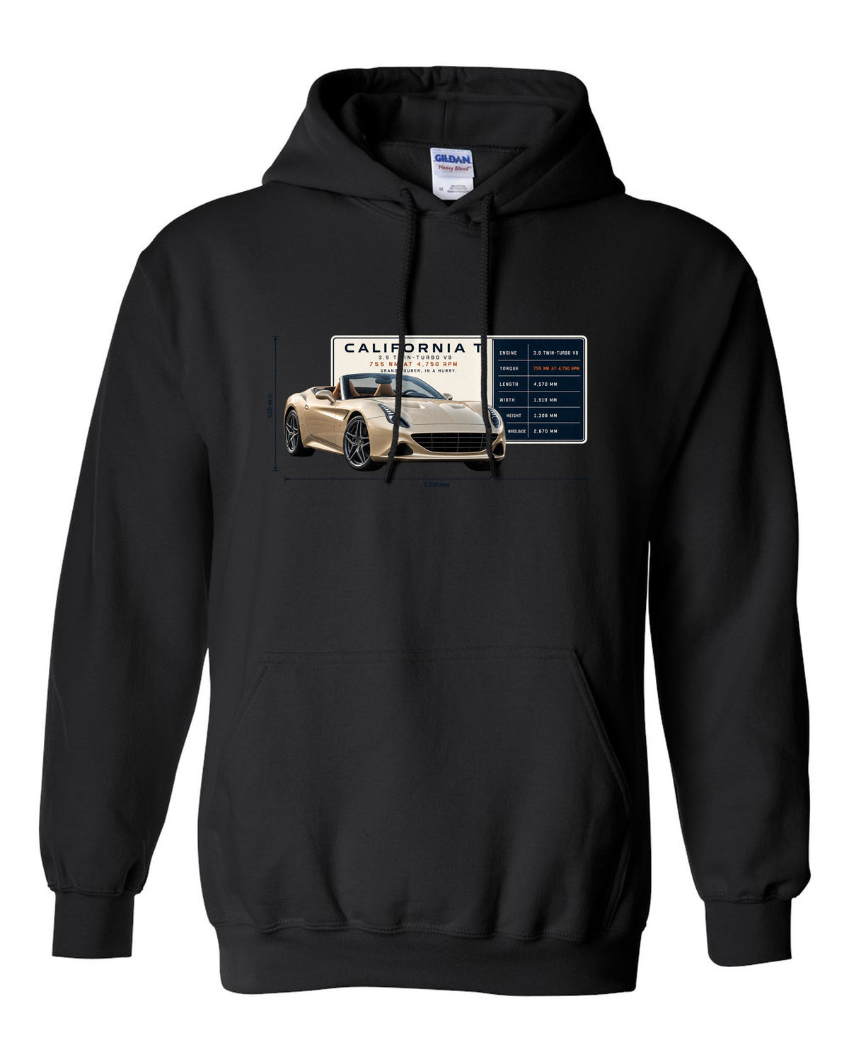 Spec poster print of the Ferrari California T in champagne tones black pull over hoodie front view with the design