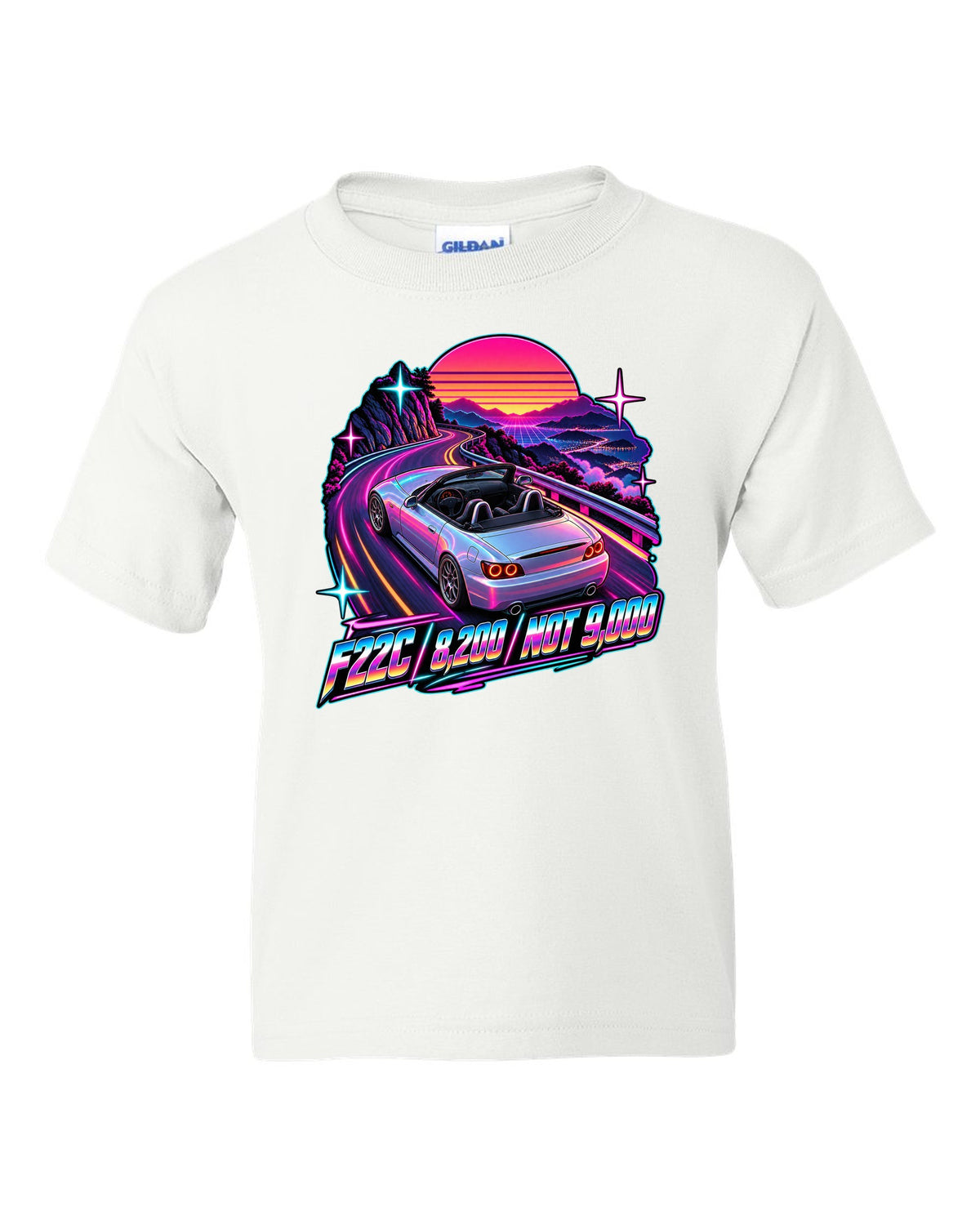 Neon synthwave print of a 2004 Honda S2000 AP2 roadster with F22C 8,200 Not 9,000 lettering white kids tee front view with the design