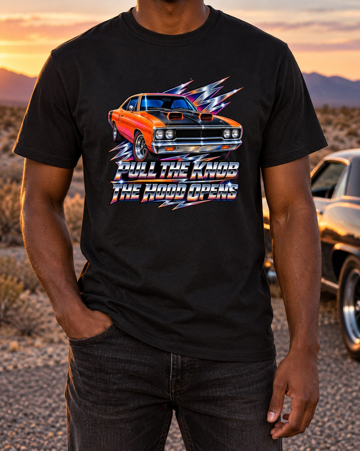 1970 Plymouth Road Runner Chrome Airbrush Shirt, Pull Knob T-Shirt Black worn hero