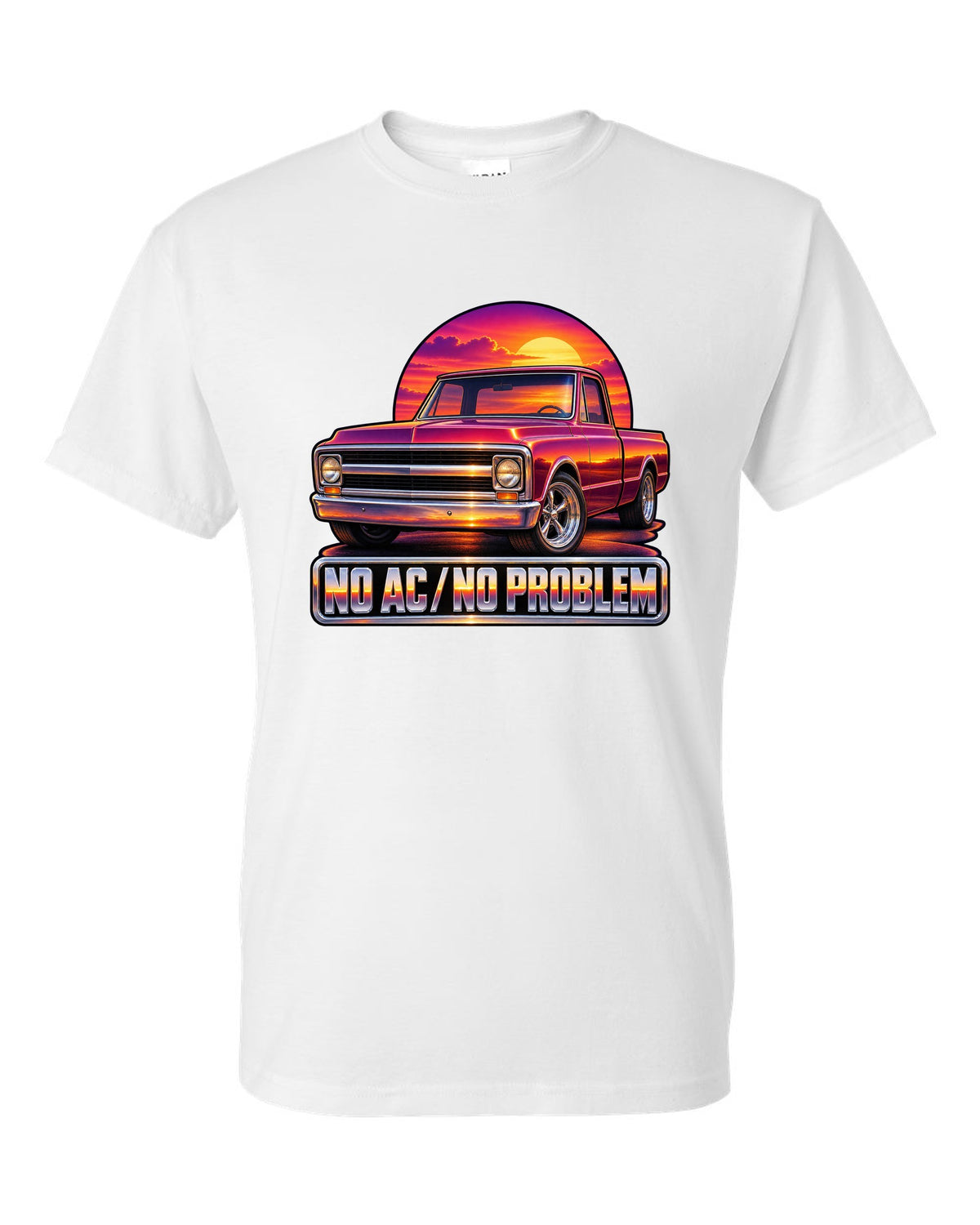 70s airbrush sunset grille print of a 1967-72 Chevrolet C10 Action Line Fleetside with no AC text white t-shirt front view with the design