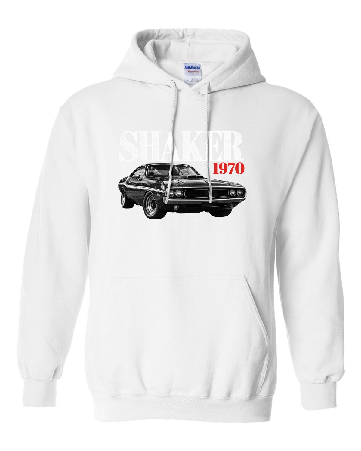 Editorial headline print of a 1970 Dodge Challenger R/T Shaker with 440 Six Pack text white pull over hoodie front view with the design