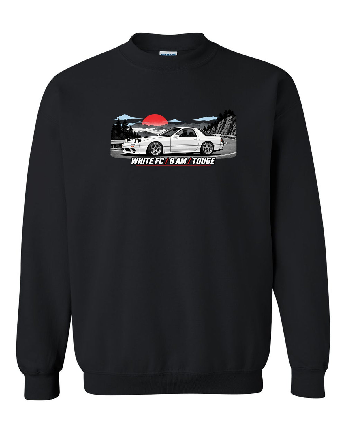 Pixel art print of a Mazda RX-7 SA22C with the text Compression, W's T black crewneck front view with the design