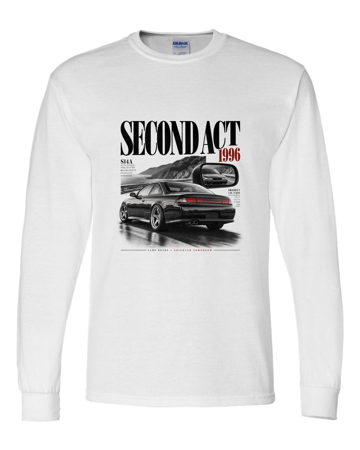Editorial headline layout of a Nissan Silvia S14 kouki with Second Act, 1996 and projector headlights lettering white long sleeve front view with the design