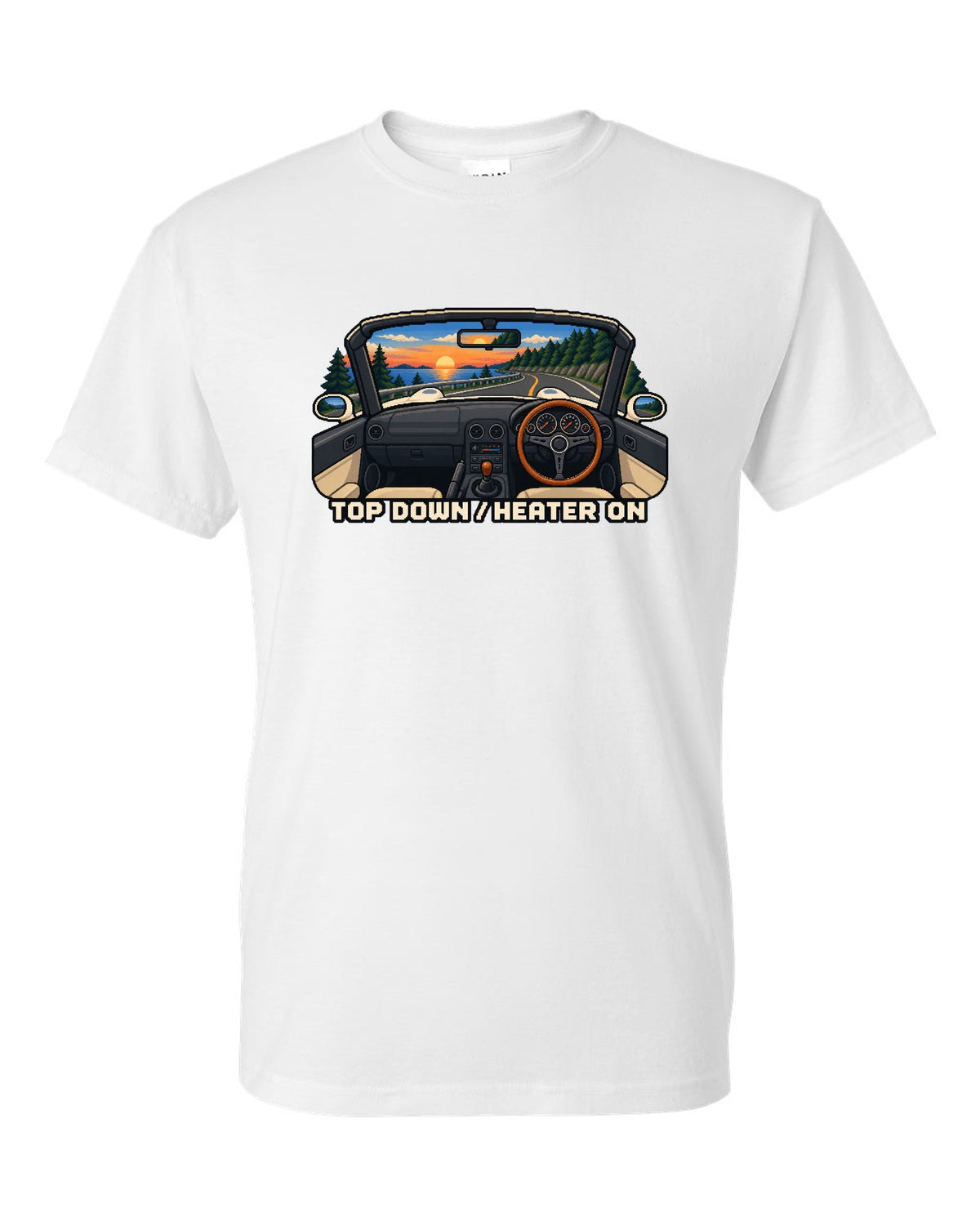 Cel-shaded 90s anime night scene of a Mazda RX-7 FD3S under sodium lights white t-shirt front view with the design