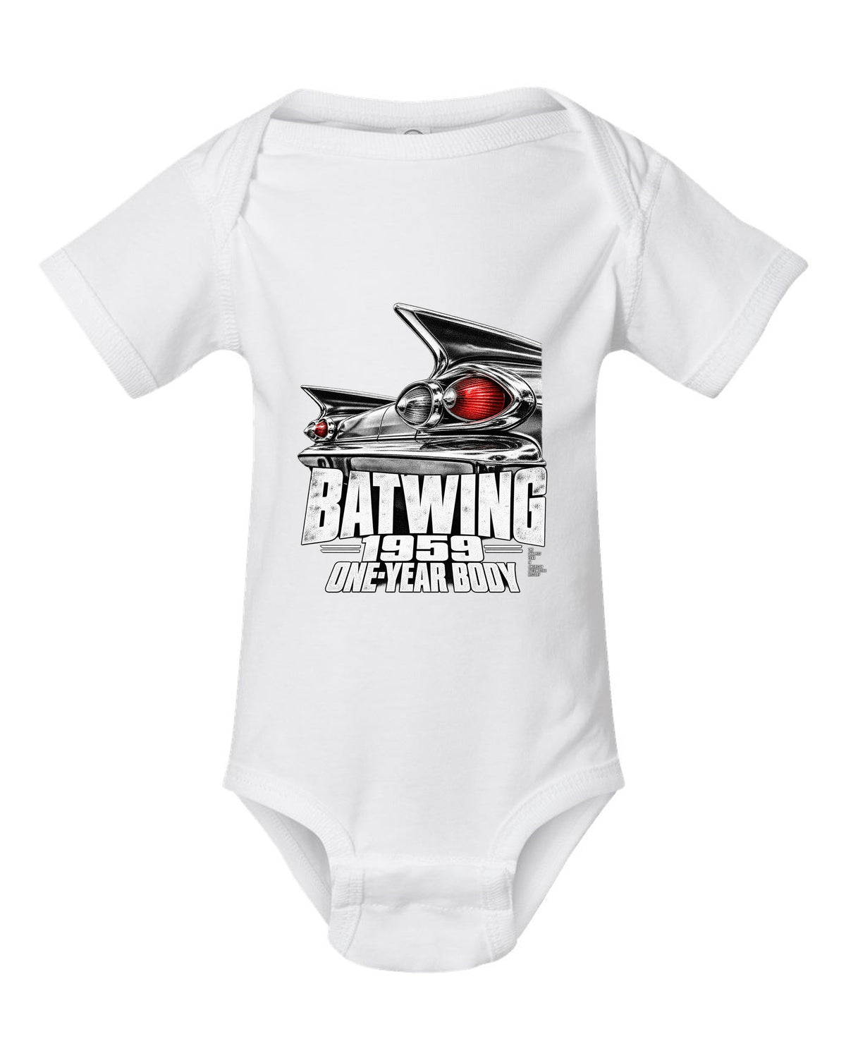 1959 Impala rear batwing taillight macro print with one-year body text white baby onesie front view with the design