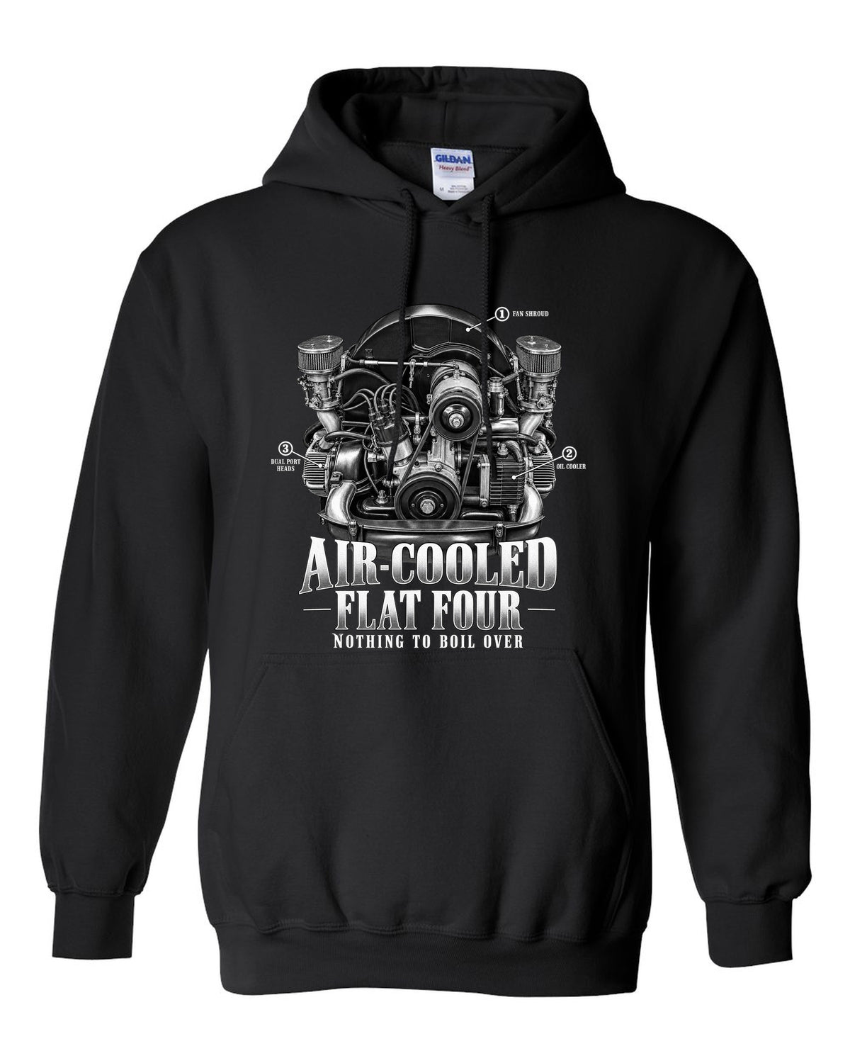 Engine bay callout print of a VW Beetle air-cooled 1600 dual-port flat-four black pull over hoodie front view with the design