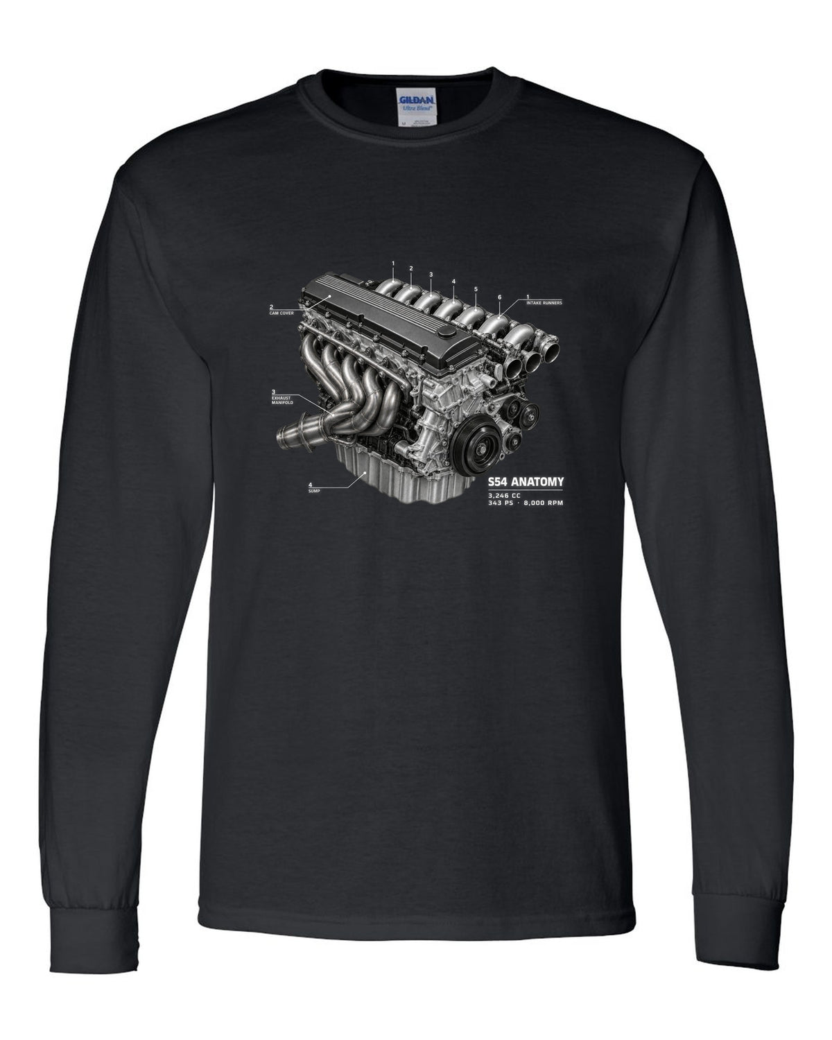 BMW E46 M3 S54 engine anatomy print with 3,246 cc 343 PS and 8,000 rpm text black long sleeve front view with the design