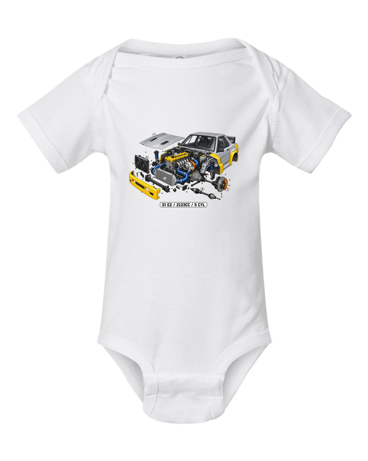 Isometric cutaway of the Audi S1 E2 five-cylinder engine, 2133cc white baby onesie front view with the design