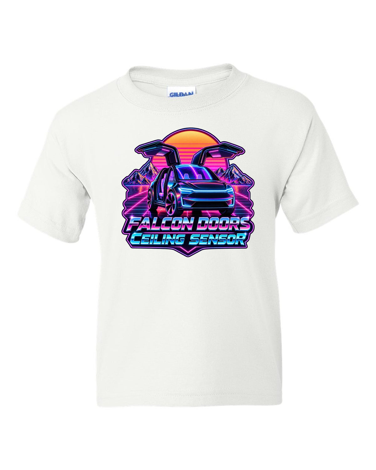 Synthwave outrun print of a Tesla Model X with falcon doors reading Falcon Doors Ceiling Sensor white kids tee front view with the design