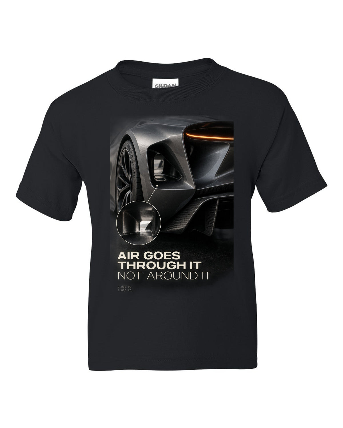 Lotus Evija rear three-quarter tunnel macro print with air goes through it text black kids tee front view with the design
