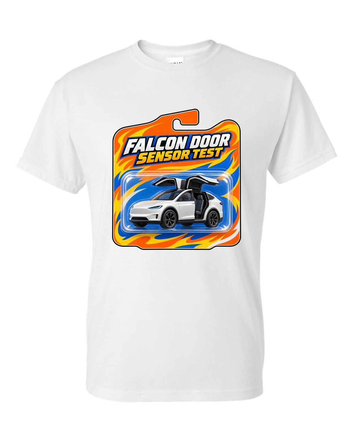 Toy blister card style print of a Tesla Model X reading Falcon Door Sensor Test white t-shirt front view with the design