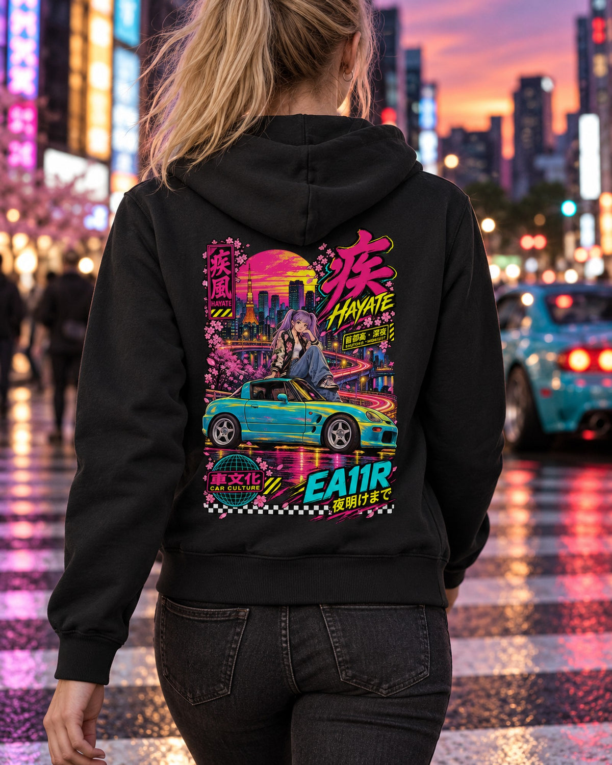 HAYATE EA11R Anime Girl Full-Back Graphic Tee Zip Hoodie Black worn hero