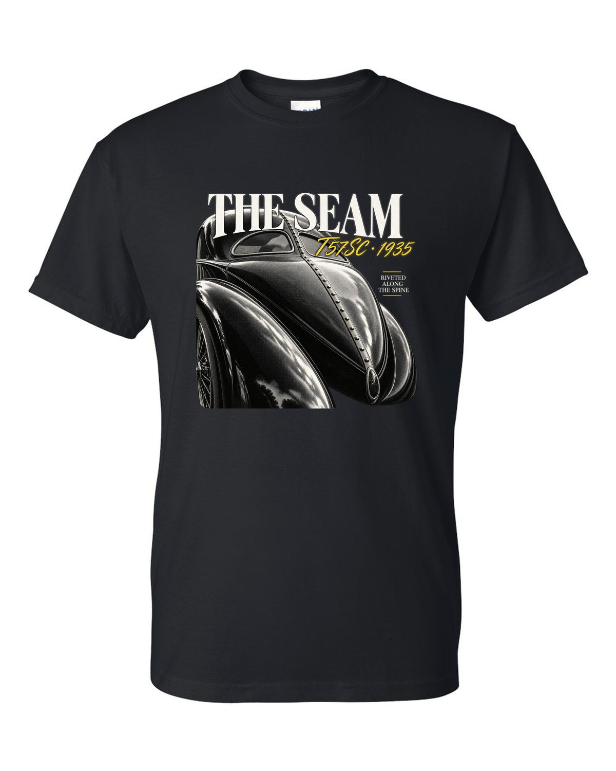Close macro print of the riveted dorsal seam on a 1935 Bugatti Type 57SC Atlantic black t-shirt front view with the design