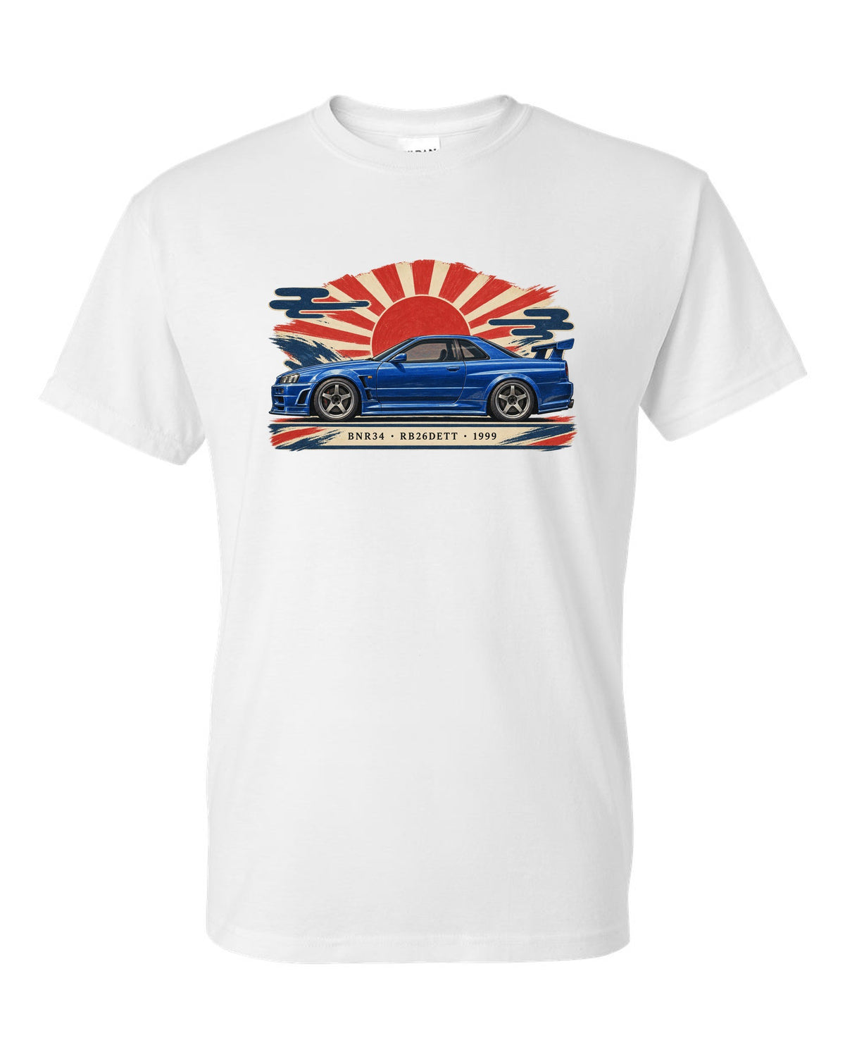 Retro Japanese Showa catalogue ad style print of a 1999 Nissan Skyline GT-R BNR34 with RB26DETT lettering white t-shirt front view with the design