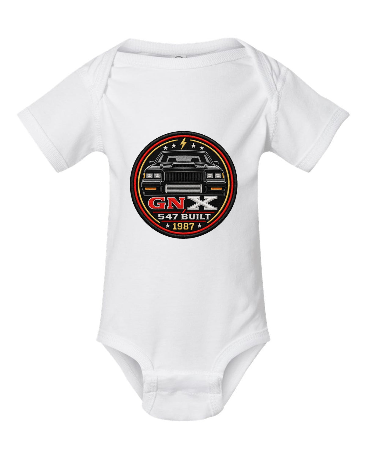 1987 Buick GNX coupe inside a round crest design with 547 built text white baby onesie front view with the design