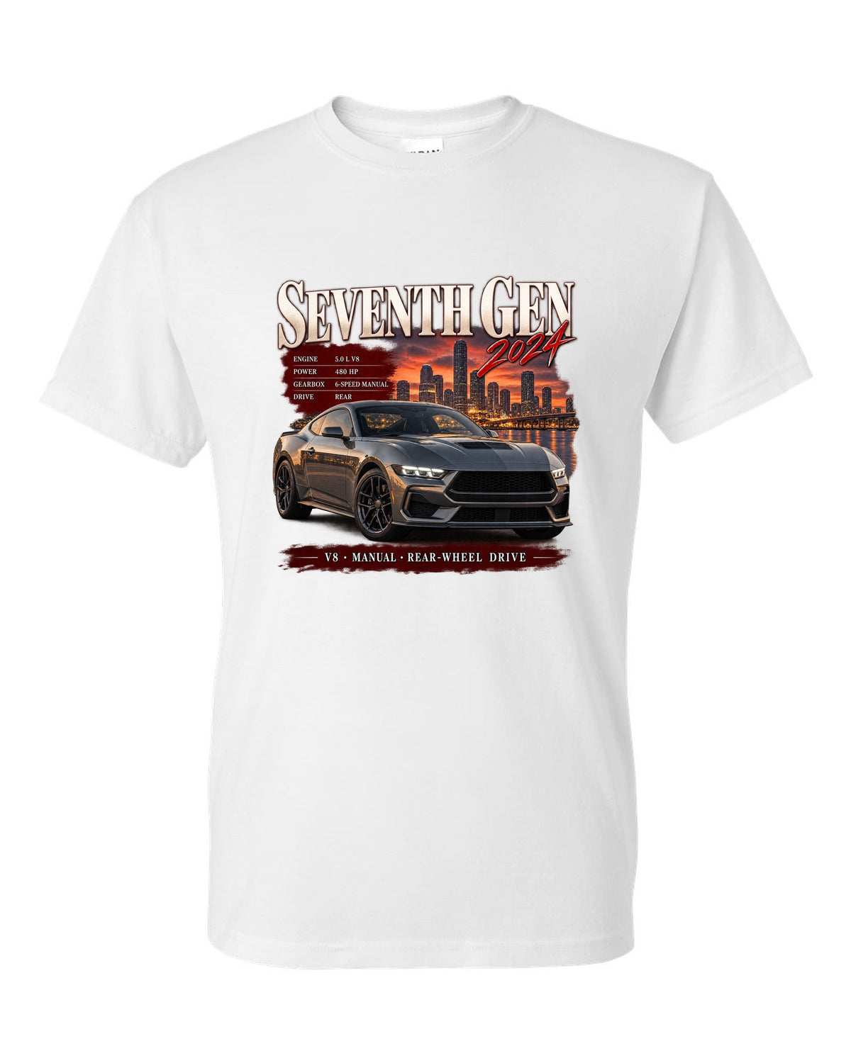 Ford Mustang S650 GT archive panel print reading Seventh Gen 2024 white t-shirt front view with the design