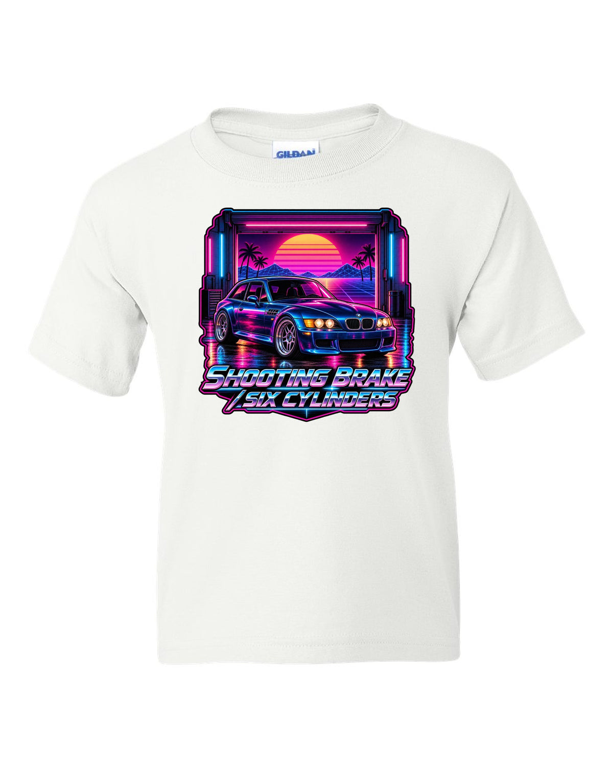 BMW Z3 M Coupe synthwave outrun print with shooting brake text white kids tee front view with the design