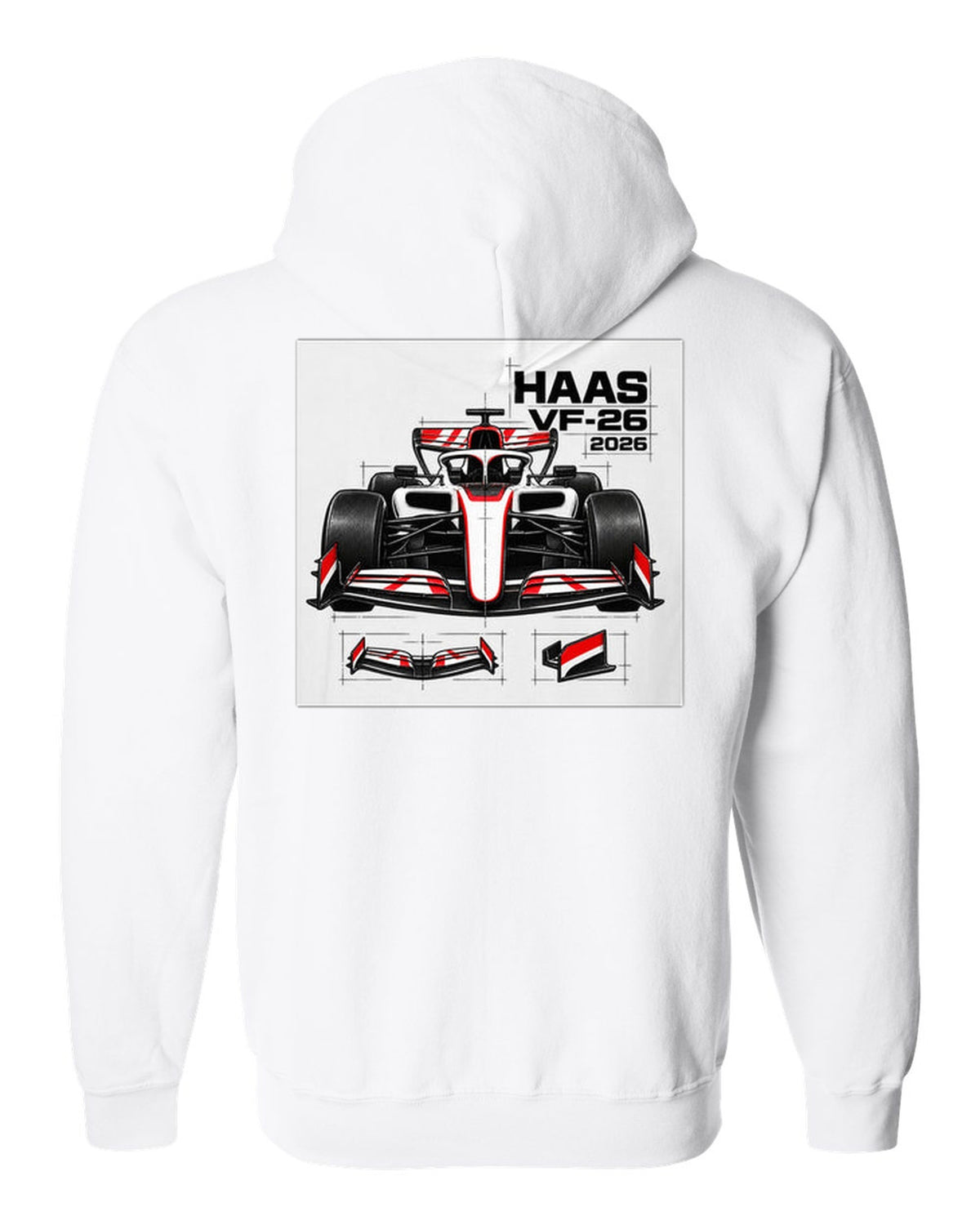 Haas VF-26 2026 F1 car technical poster artwork white zip hoodie back view with the design