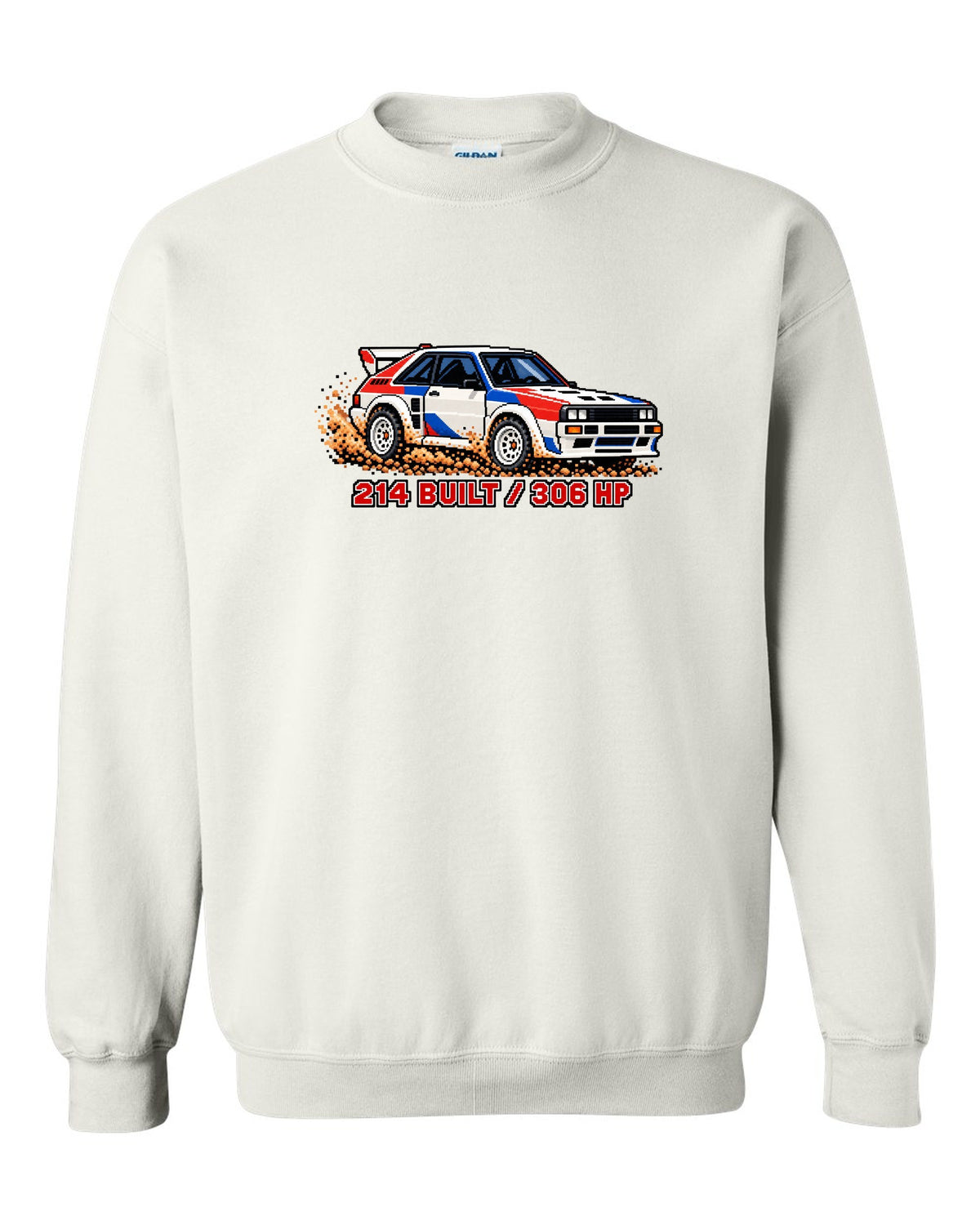 16-bit pixel art print of an Audi Sport Quattro SWB with 214 Built text white crewneck front view with the design