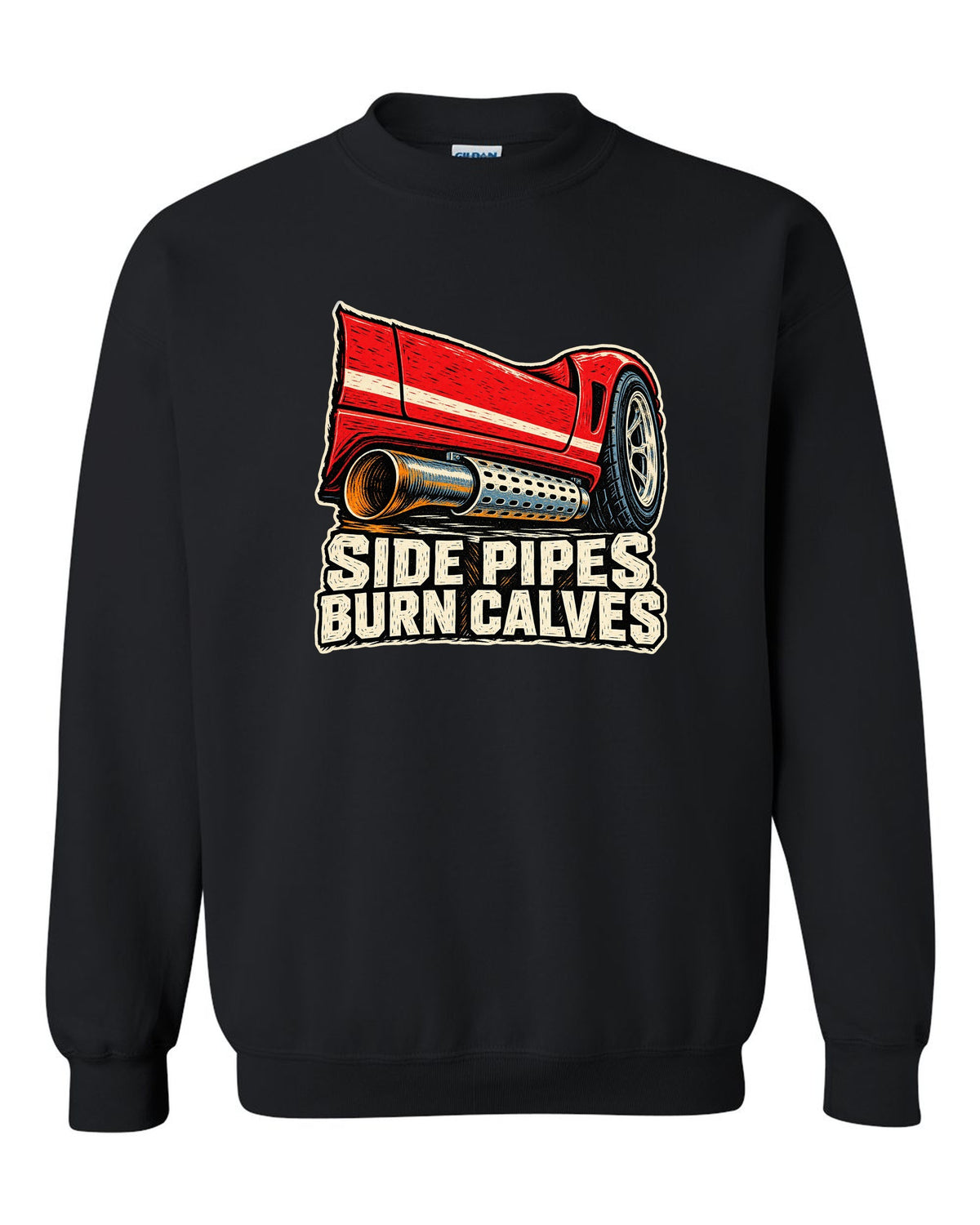Dodge Viper RT/10 Side Pipe Linocut black crewneck front view with the design