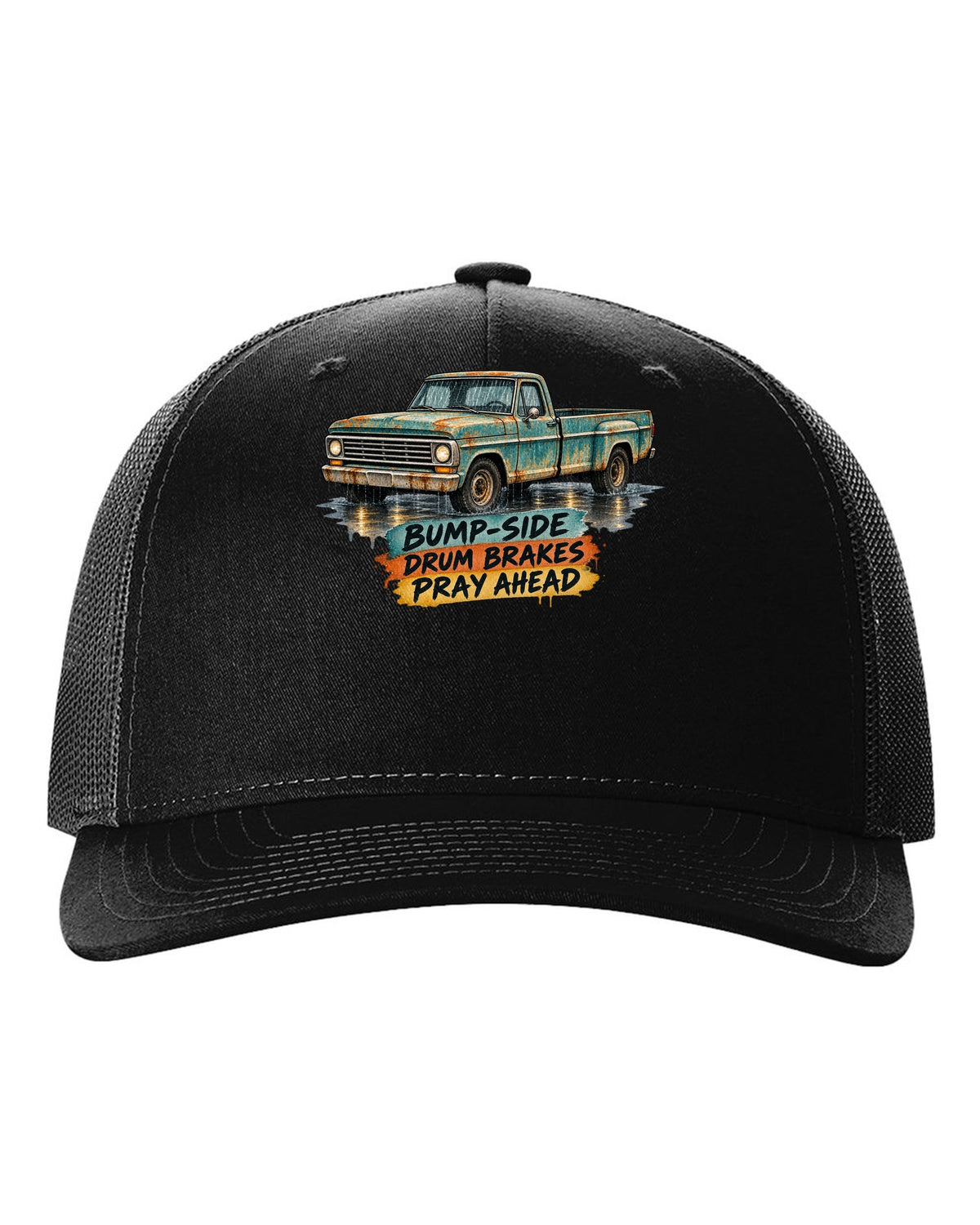 1967-72 Ford F-Series Bump-Side Barn Find Watercolour black hat front view with the design
