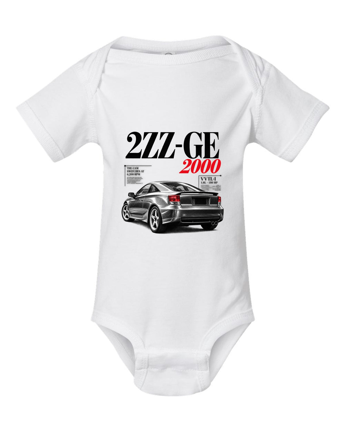 Editorial headline print of a Toyota Celica ZZT231 with 2ZZ-GE cam switches at 6,200 rpm white baby onesie front view with the design