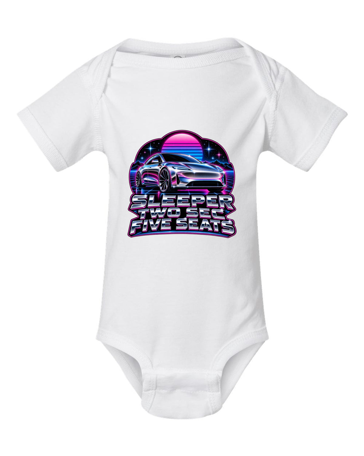 80s chrome airbrush art of a 2021 Tesla Model S Plaid with the words Sleeper Two Sec Five Seats white baby onesie front view with the design