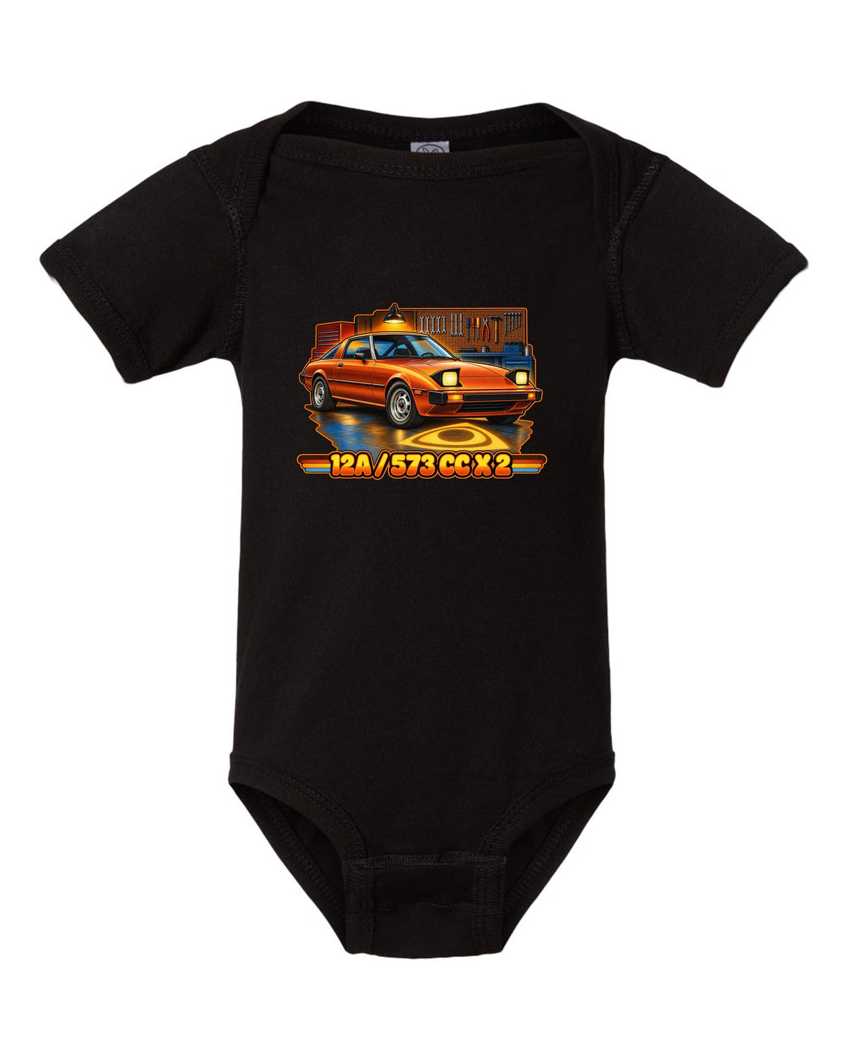 Seventies airbrush poster print of a Mazda RX-7 SA22C with the text 12A, 573 cc x 2 black baby onesie front view with the design