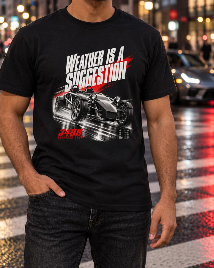 Lotus Elise 340R 2000 Weather Is A Suggestion Race Poster Tee T-Shirt Black worn hero