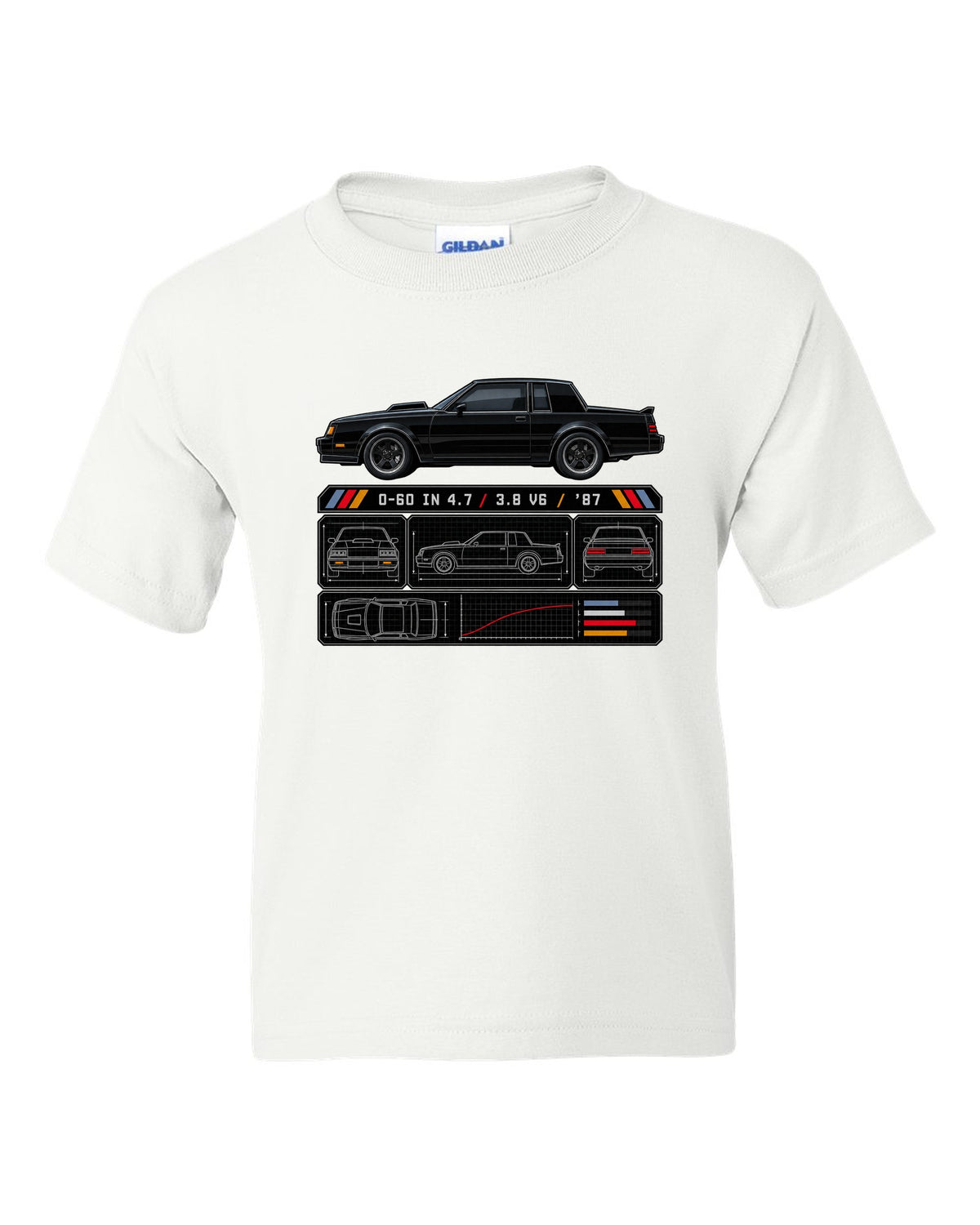Spec-sheet print for a 1987 Buick Grand National with the text 0-60 in 4.7, 3.8 V6, '87 white kids tee front view with the design