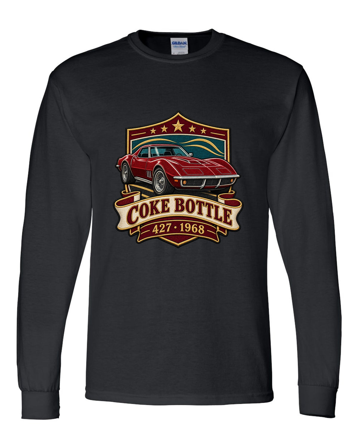 Embroidery style shield crest print of a 1968 Chevrolet Corvette C3 Stingray with Coke Bottle 427 text black long sleeve front view with the design