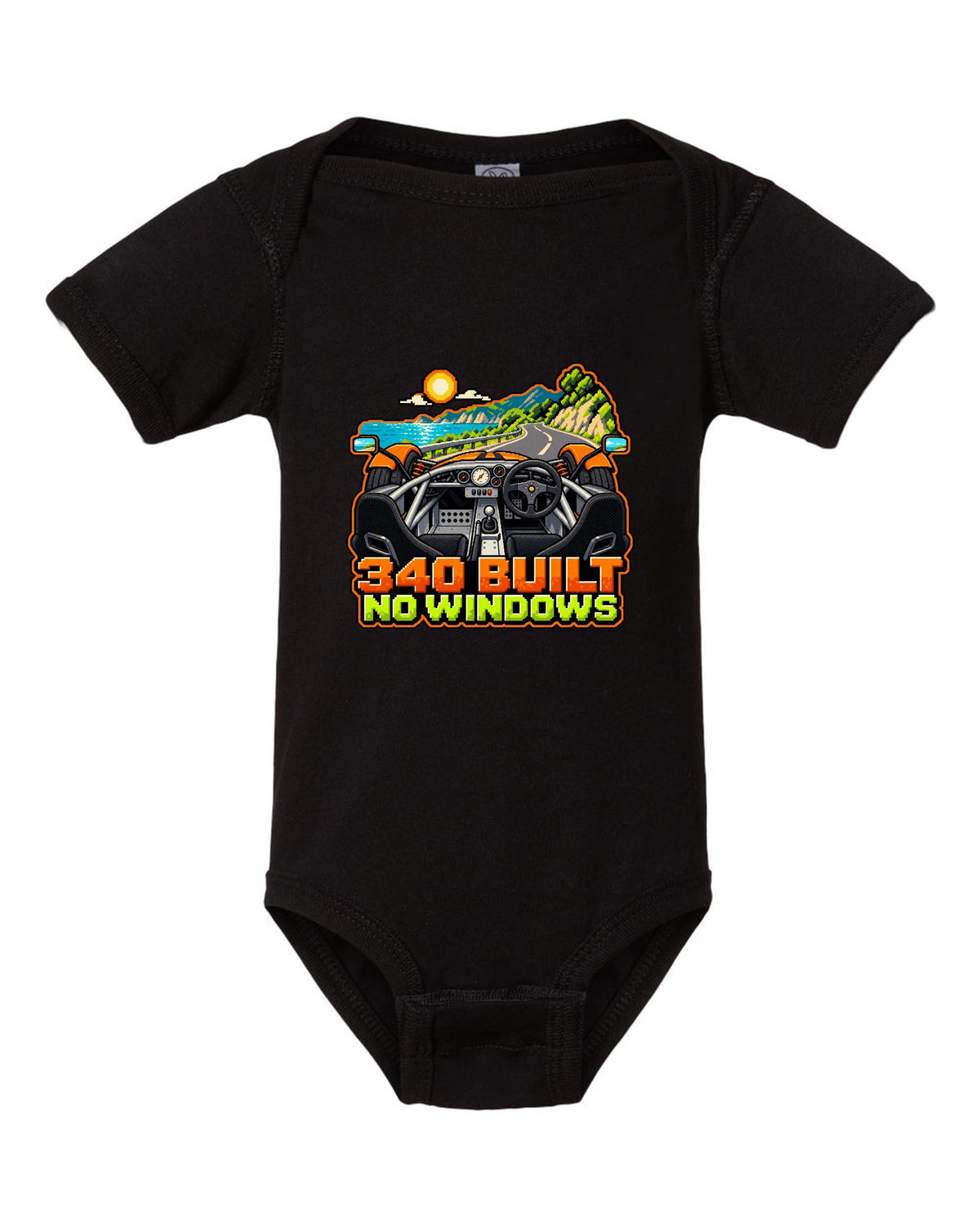 Lotus Elise 340R in 8/16-bit pixel art with 340 BUILT and NO WINDOWS lettering black baby onesie front view with the design