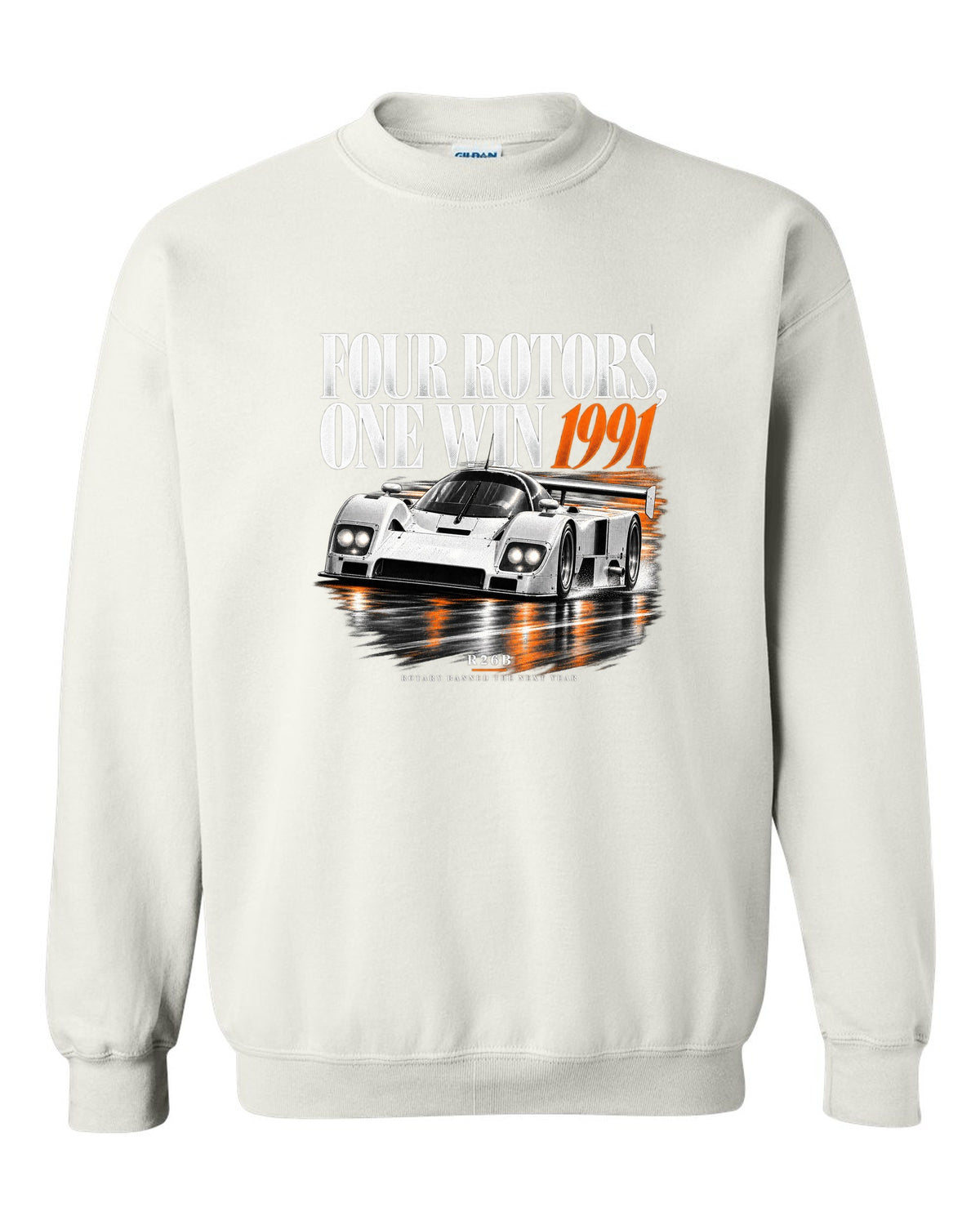 Mazda 787B four rotors editorial headline print, 1991 R26B white crewneck front view with the design